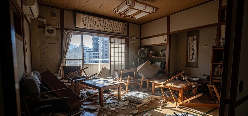 地震で崩れた建物の内部