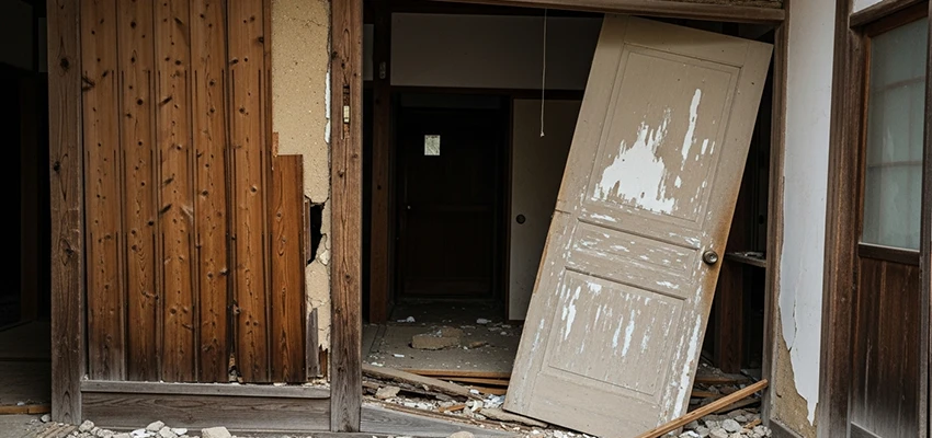 地震で損傷したドアと壁