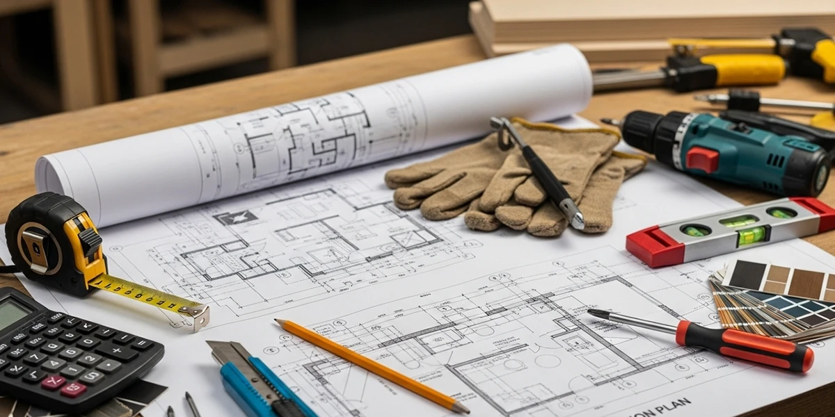 リフォーム計画の図面と工具