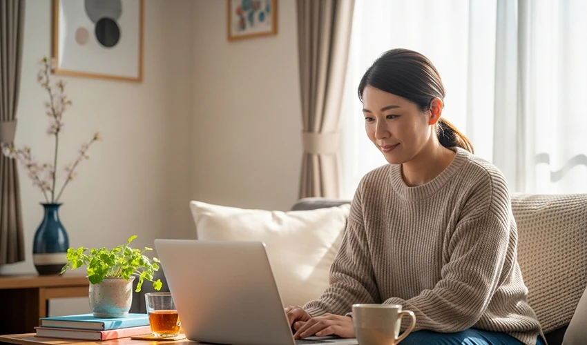 リビングでの在宅ワークの様子