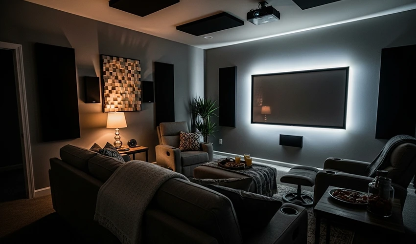LEDライティングで演出されたホームシアター空間