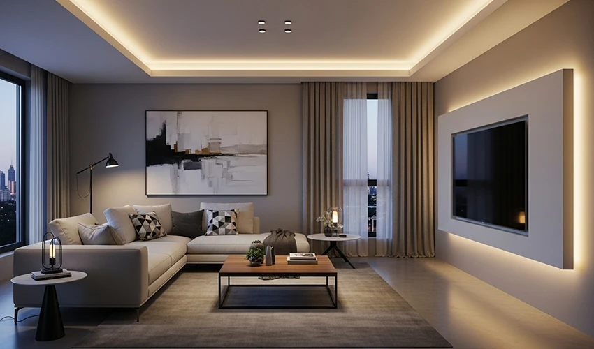 モダンな間接照明のあるリビング