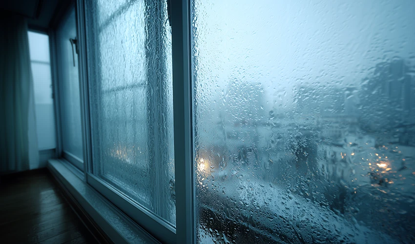 冬の結露した窓