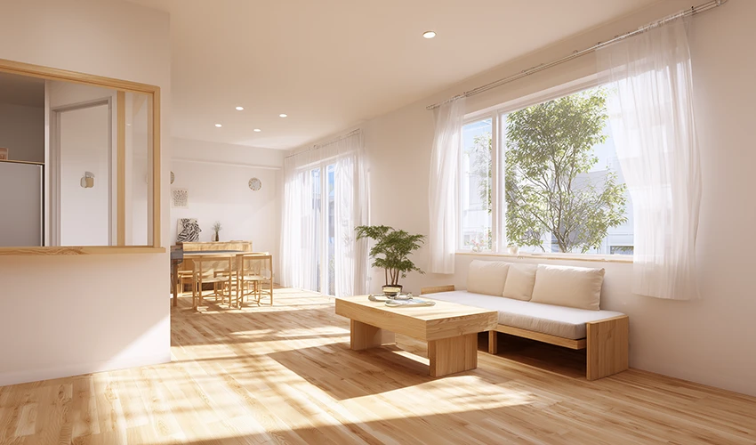 クリーンで明るいリビング空間