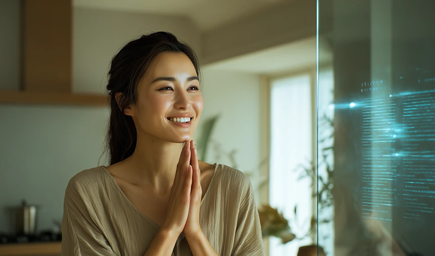 未来的なAIと対話するイメージ