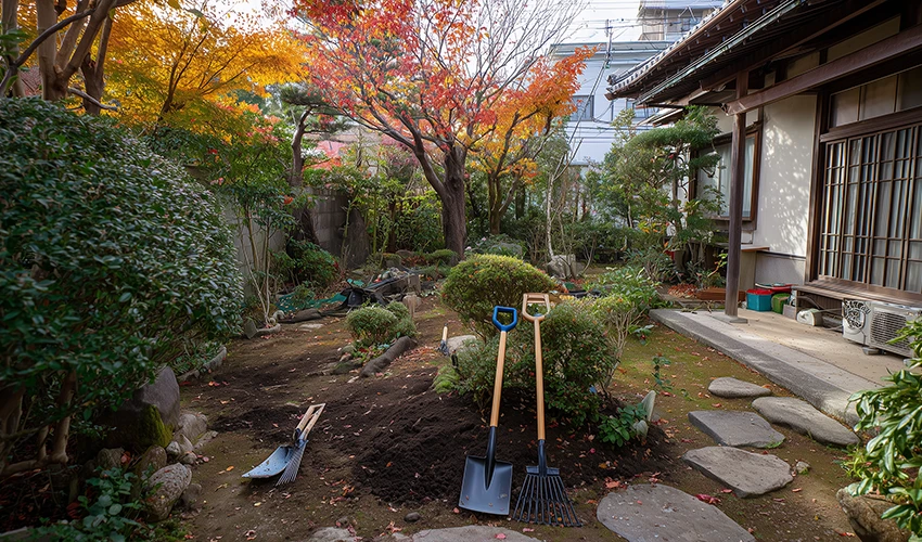 秋の庭園リフォーム作業風景