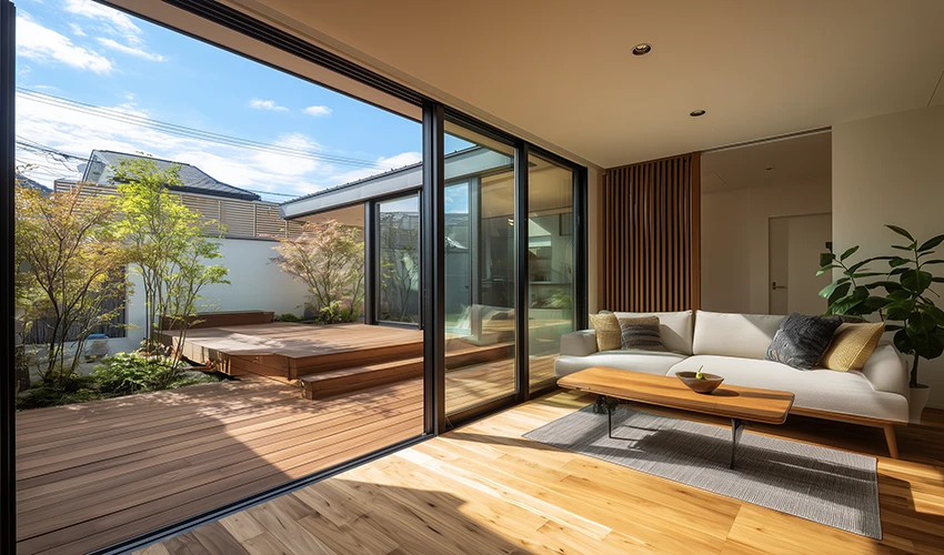 モダンなタイルデッキとリビングがつながった空間