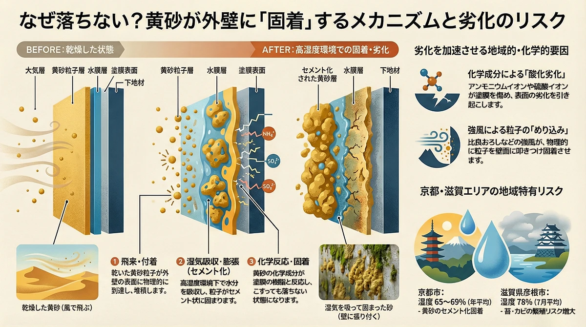 黄砂が外壁に固着するメカニズム — 断面構造図