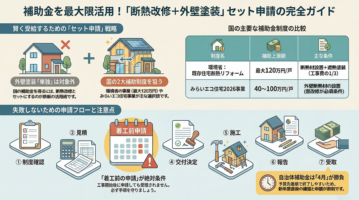 補助金申請フロー — 断熱改修＋外壁塗装セットプラン